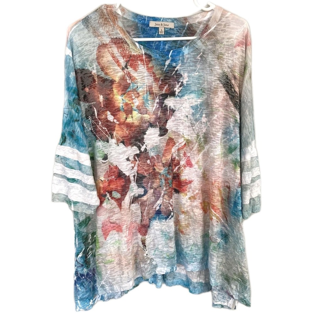 Jess & Jane Tunic Top Women L Pastel Floral Crinkle Dolman Stripe 3/4 Sleeve USA